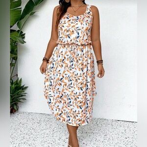 Chic Floral Midi Dress in Orange and Blue